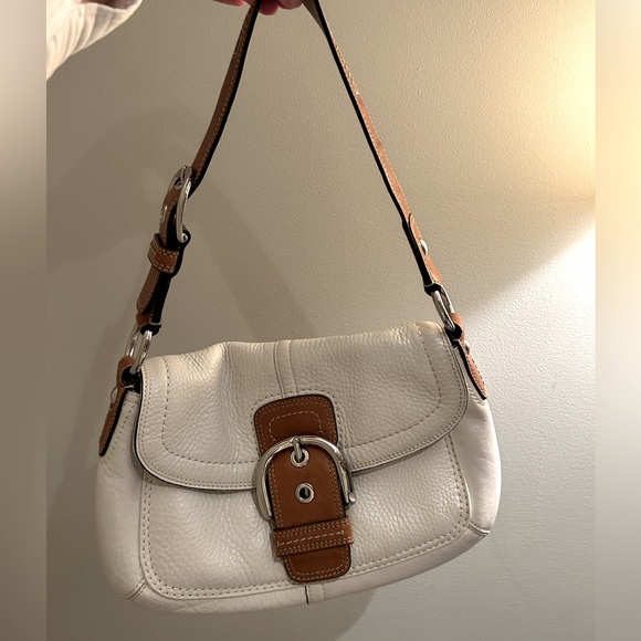 Coach white leather shoulder bag with wide brown strap. - Picture 1 of 5